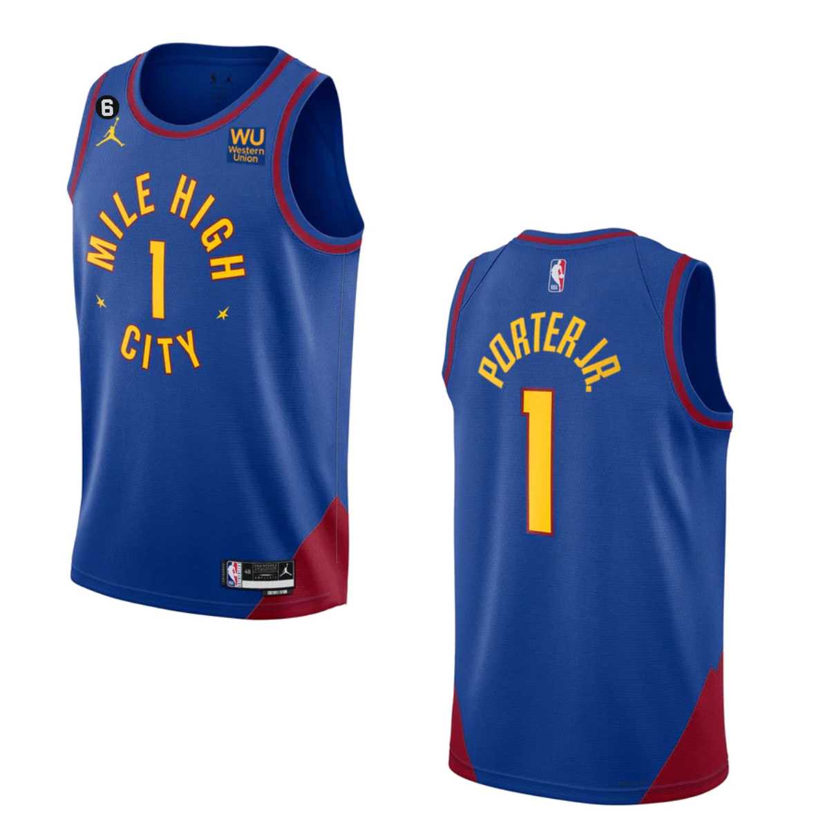 Mens Denver Nuggets #1 Michael Porter Jr. Blue 2022-23 Statement Edition With NO.6 PatchStitched Jersey Dzhi